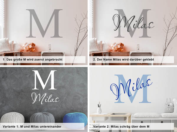 Verschiedene Anordnungen des Wandtattoos Milas