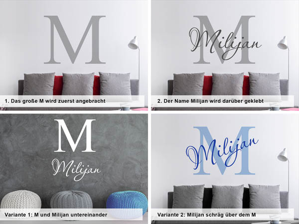 Verschiedene Anordnungen des Wandtattoos Milijan