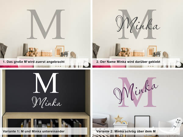 Verschiedene Anordnungen des Wandtattoos Minka