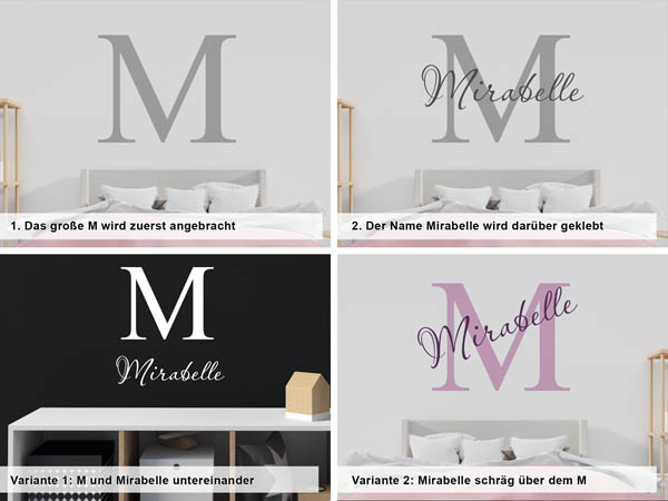 Verschiedene Anordnungen des Wandtattoos Mirabelle