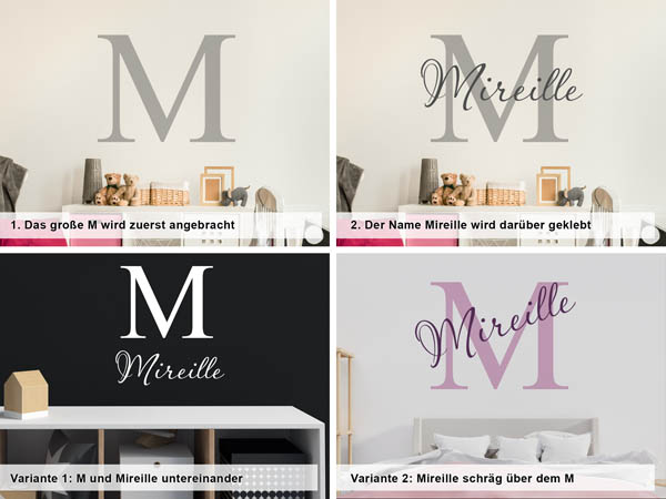Verschiedene Anordnungen des Wandtattoos Mireille