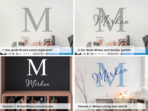 Verschiedene Anordnungen des Wandtattoos Mirkan