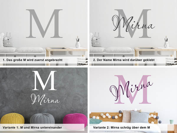 Verschiedene Anordnungen des Wandtattoos Mirna