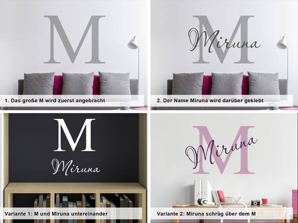 Verschiedene Anordnungen des Wandtattoos Miruna