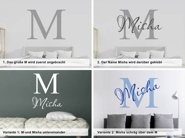 Verschiedene Anordnungen des Wandtattoos Misha