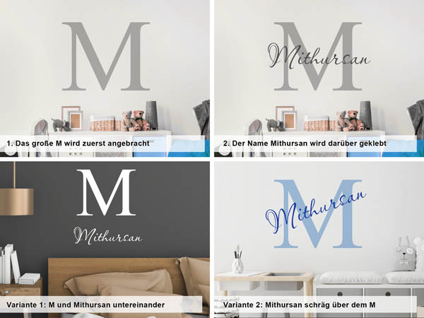 Verschiedene Anordnungen des Wandtattoos Mithursan