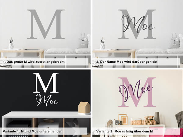 Verschiedene Anordnungen des Wandtattoos Moe
