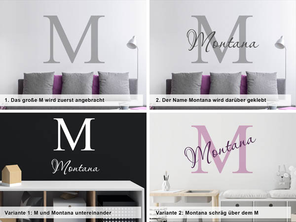 Verschiedene Anordnungen des Wandtattoos Montana