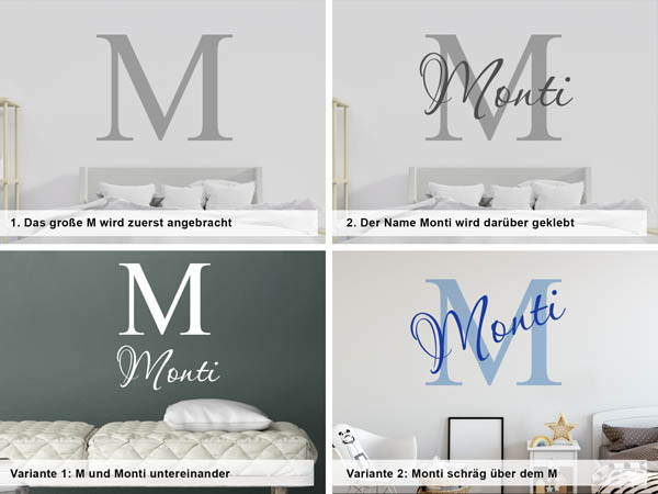 Verschiedene Anordnungen des Wandtattoos Monti