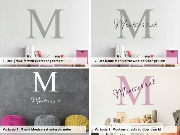 Verschiedene Anordnungen des Wandtattoos Montserrat