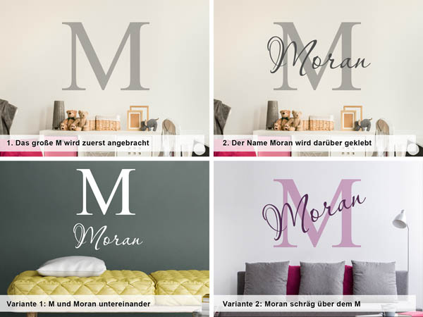 Verschiedene Anordnungen des Wandtattoos Moran