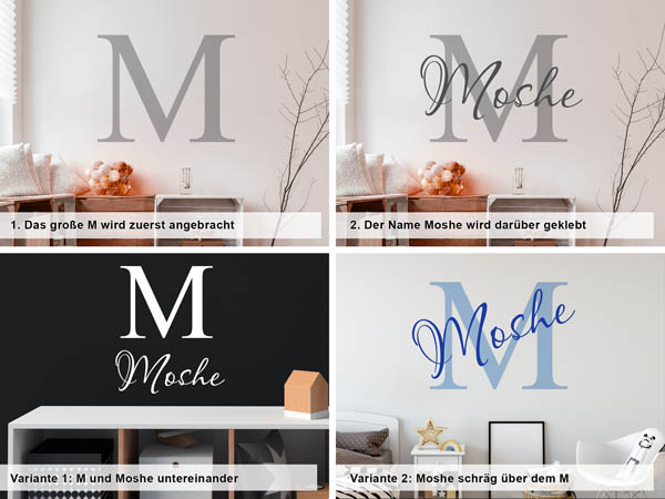 Verschiedene Anordnungen des Wandtattoos Moshe