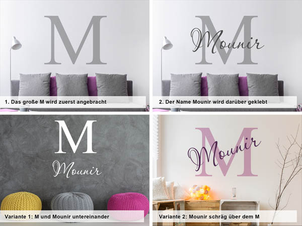 Verschiedene Anordnungen des Wandtattoos Mounir