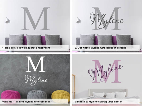 Verschiedene Anordnungen des Wandtattoos Mylene