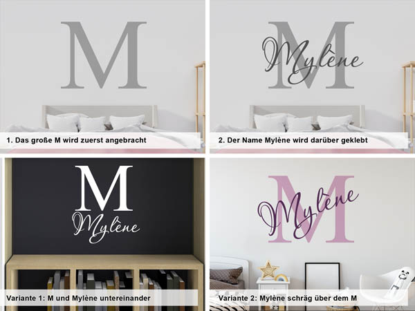 Verschiedene Anordnungen des Wandtattoos Mylène