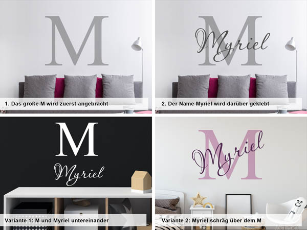 Verschiedene Anordnungen des Wandtattoos Myriel