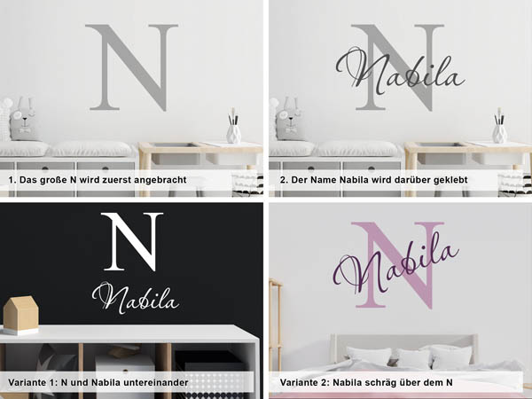 Verschiedene Anordnungen des Wandtattoos Nabila