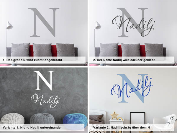 Verschiedene Anordnungen des Wandtattoos Nadilj