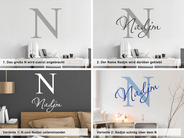 Verschiedene Anordnungen des Wandtattoos Nadjm