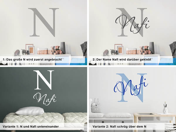 Verschiedene Anordnungen des Wandtattoos Nafi
