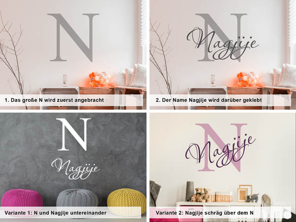 Verschiedene Anordnungen des Wandtattoos Nagjije
