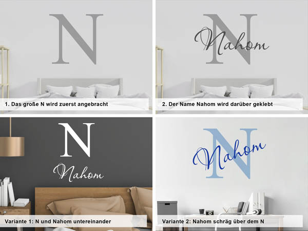 Verschiedene Anordnungen des Wandtattoos Nahom