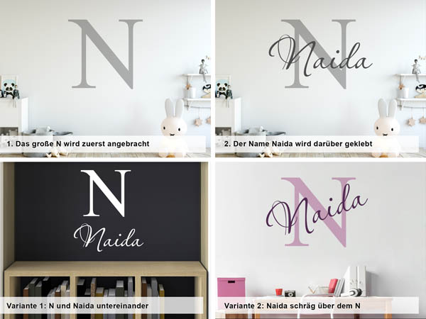 Verschiedene Anordnungen des Wandtattoos Naida