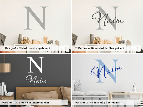 Verschiedene Anordnungen des Wandtattoos Naim