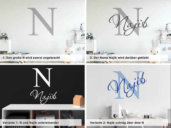 Verschiedene Anordnungen des Wandtattoos Najib