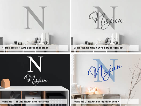 Verschiedene Anordnungen des Wandtattoos Najun