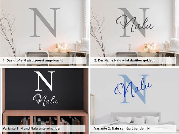 Verschiedene Anordnungen des Wandtattoos Nalu