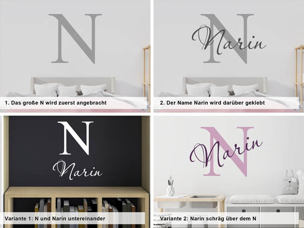Verschiedene Anordnungen des Wandtattoos Narin