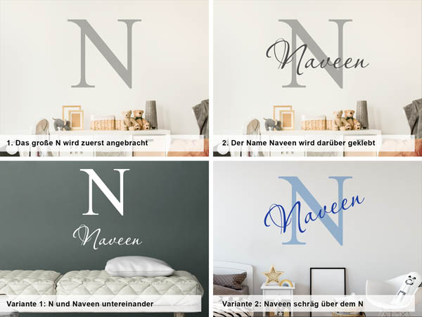 Verschiedene Anordnungen des Wandtattoos Naveen