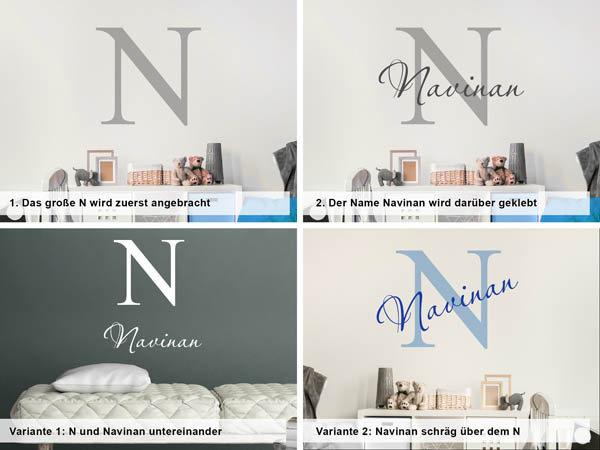 Verschiedene Anordnungen des Wandtattoos Navinan