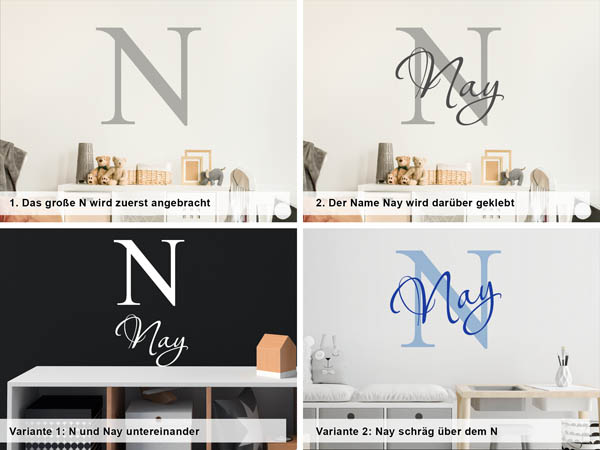Verschiedene Anordnungen des Wandtattoos Nay