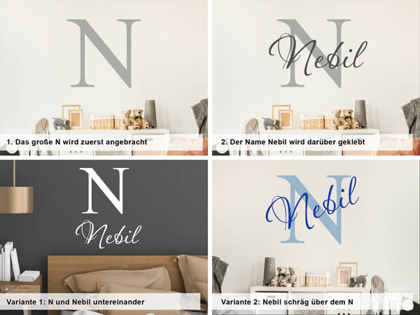 Verschiedene Anordnungen des Wandtattoos Nebil