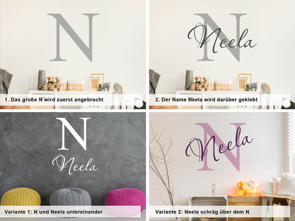 Verschiedene Anordnungen des Wandtattoos Neela
