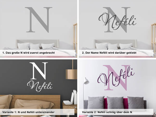 Verschiedene Anordnungen des Wandtattoos Neféli