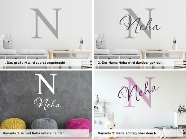 Verschiedene Anordnungen des Wandtattoos Neha