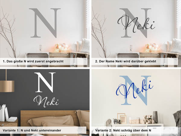 Verschiedene Anordnungen des Wandtattoos Neki