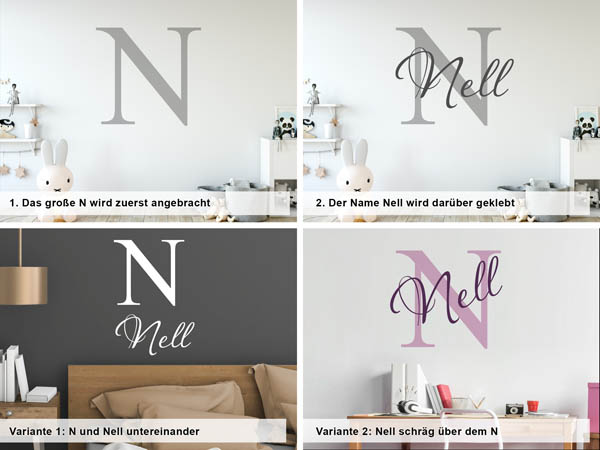 Verschiedene Anordnungen des Wandtattoos Nell