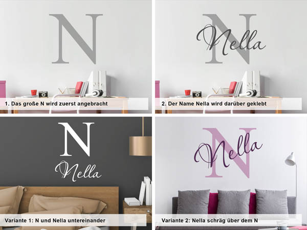 Verschiedene Anordnungen des Wandtattoos Nella