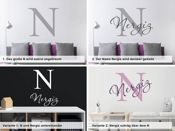 Verschiedene Anordnungen des Wandtattoos Nergiz