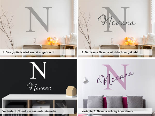 Verschiedene Anordnungen des Wandtattoos Nevana