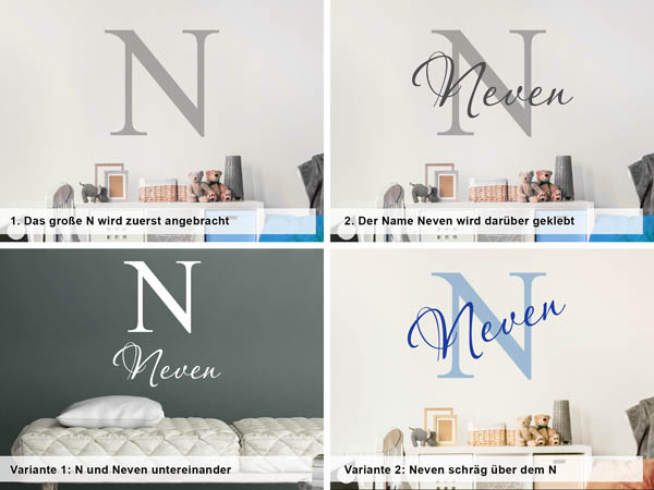 Verschiedene Anordnungen des Wandtattoos Neven