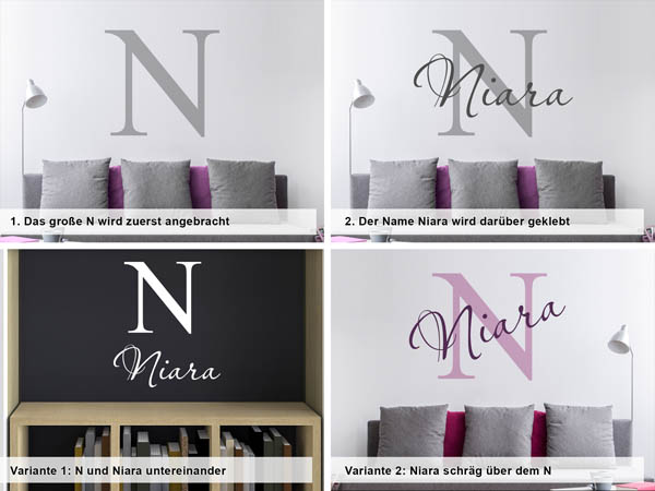 Verschiedene Anordnungen des Wandtattoos Niara