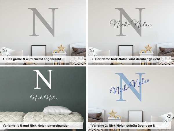 Verschiedene Anordnungen des Wandtattoos Nick-Nolan