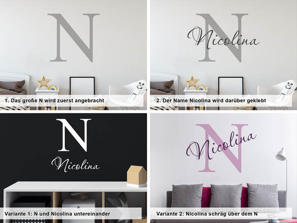 Verschiedene Anordnungen des Wandtattoos Nicolina