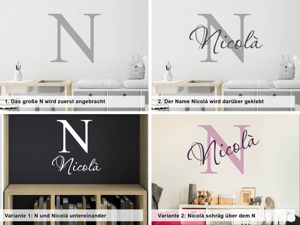 Verschiedene Anordnungen des Wandtattoos Nicolà