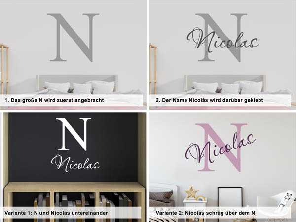 Verschiedene Anordnungen des Wandtattoos Nicolás